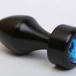 Чёрная анальная пробка с широким основанием и голубым кристаллом - 7,8 см.